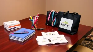 هدایای تبلیغاتی هتلی توت بگ خودکار و دفتر و مجله برای برند هتل