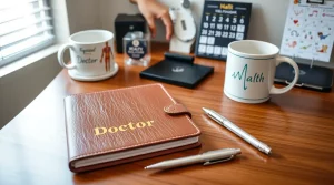 هدایای تبلیغاتی پزشکان عکس لیوان و دفتری که روش نوشته شده دکتر