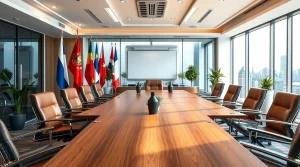 پرچم مورد نیاز شرکت
محیط داخلی یک اتاق جلسه با تعدادی میز و صندلی و پرچم