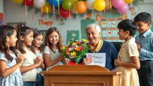 بهترین هدیه برای مدیر مدرسه عکس یک مدیر مدرسه با تعدادی دانش آموز که جشن گرفتند و کادو میدهند