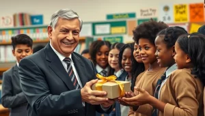 بهترین هدیه برای مدیر مدرسه تصویر یک مدیر مدرسه آقا که در حال کادو گرفتن از بچه ها هستند