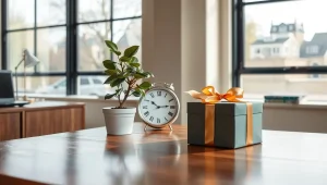 بهترین هدیه برای مدیر مدرسه تصویر یک هدیه و ساعت و گل در اتاق مدیر