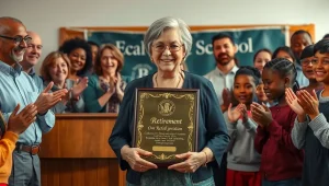 بهترین هدیه برای مدیر مدرسه تصویر مدیر مدرسه ای که بازنشسته شده و بقیه دارن تشویقش میکنند