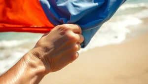 طول عمر چاپ پرچم ساحلی دست یک مرد که پرچم را گرفته