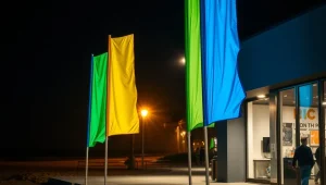 طول عمر چاپ پرچم ساحلی تصویر چهارتا پرچم جلوی یک کافه در شب