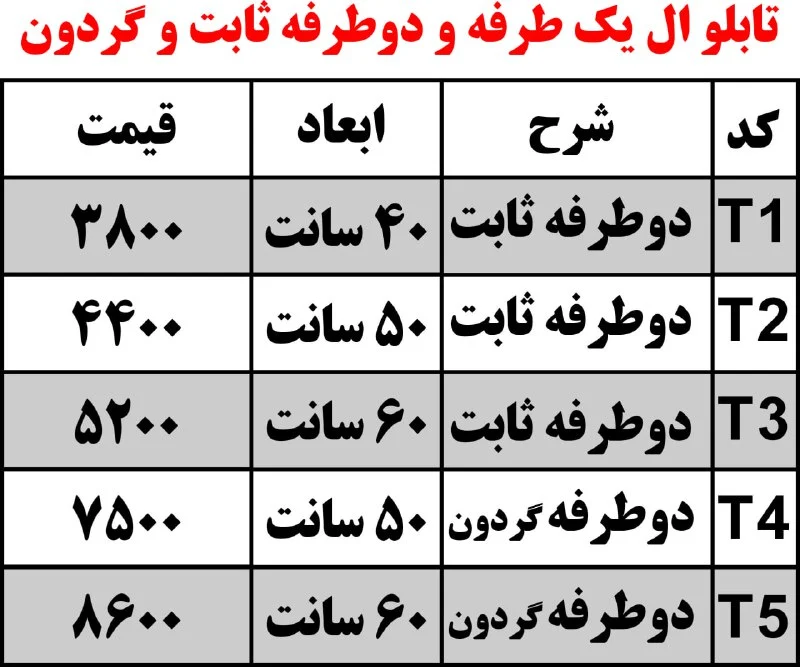 جدول قیمت تابلوی های دوطرفه