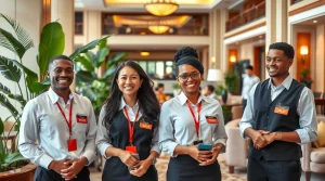 ساخت بج سینه برای هتل ها
کارکنان هتل با بج سینه مخصوص هتل خود با چهره های خندان در لابی هتل