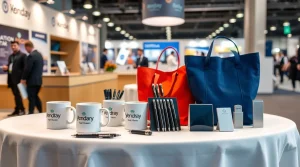 هدایای تبلیغاتی ویژه نمایشگاه تعدادی ماگ و توت بگ تبلیغاتی در یک نمایشگاه