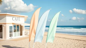 2 تا پرچم ساحلی قطره ای که جلوی کافه نصب شده ترند ترین مدل های پرچم ساحلی