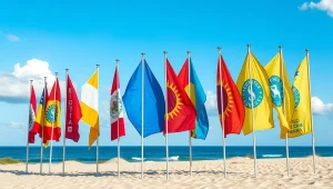 طول عمر چاپ پرچم ساحلی تعداد زیادی پرچم ساحلی در یک ساحل