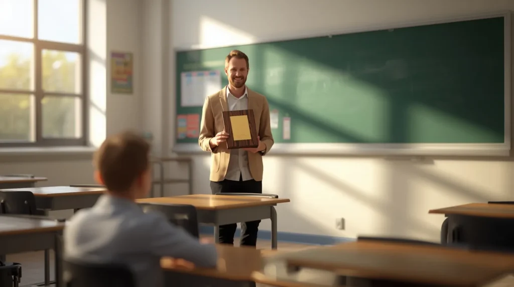 یک معلم در حال نشون دادن تقدبرنامه مدرسه