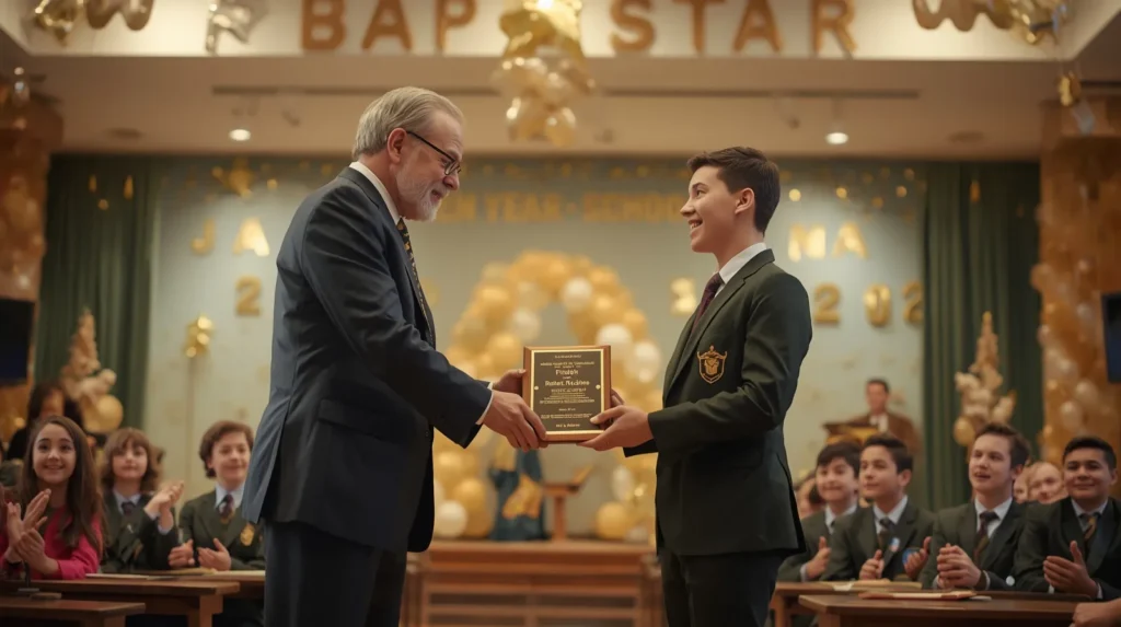 مدیر مدرسه در حال اهدای لوح به دانش آموز