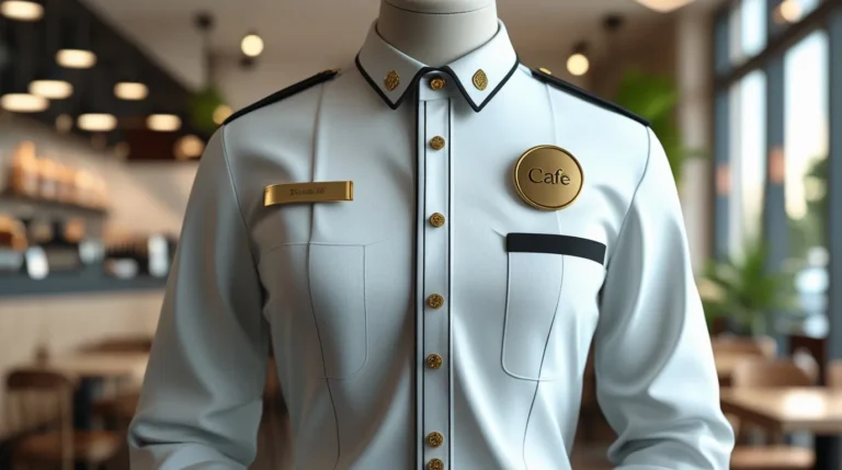 بج سینه برای کافه و رستوران تصویر یک مرد که بج سینه دارد که روی بج سینه اسم کافه نوشته شده